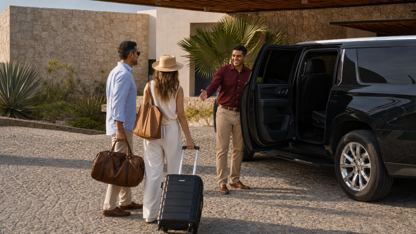 A private driver welcoming travelers beside a black SUV at a Los Cabos resort arrival